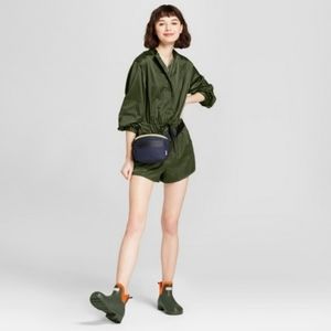 Hunter for Target Satin Long Sleeve Shorts Romper Olive Army Green‎ Half Zip XS